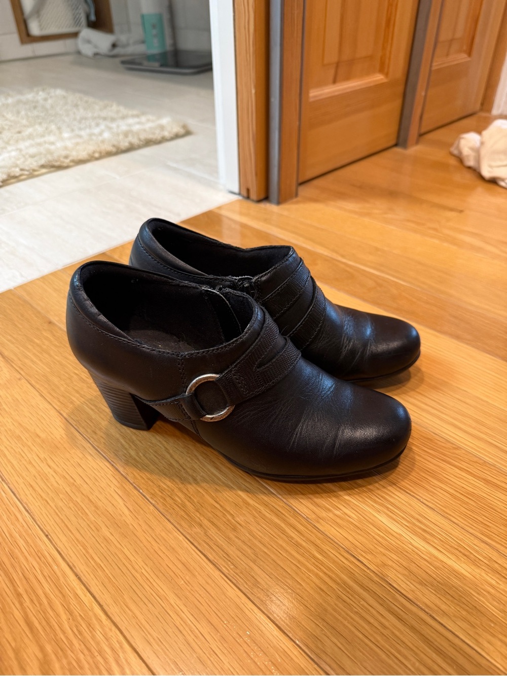 Clarks Black Leather Buckle Heel Mules